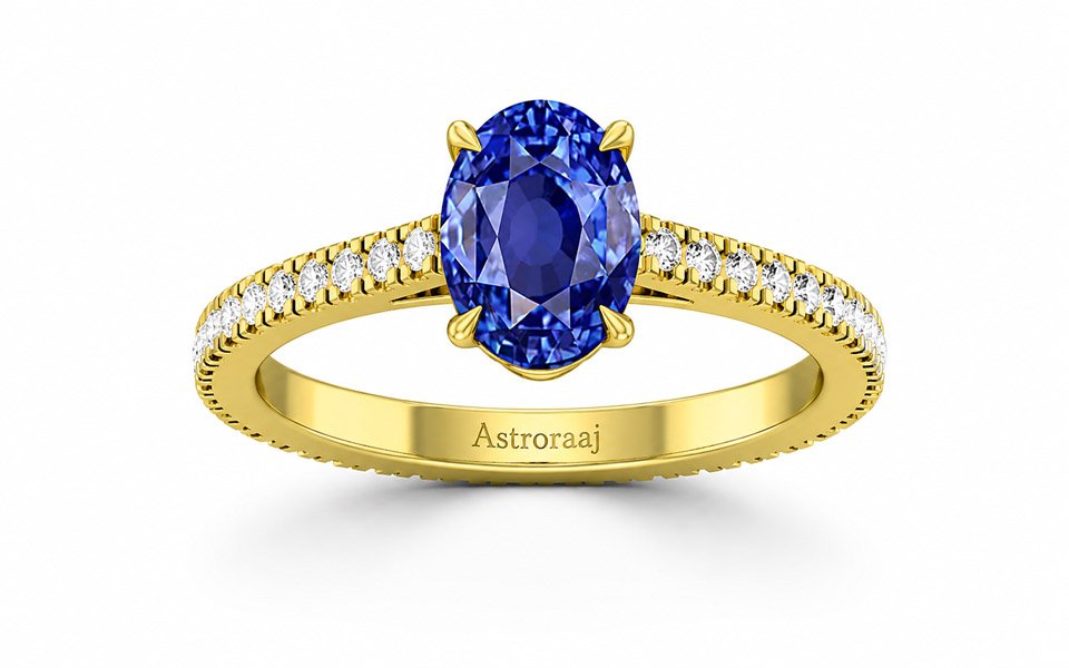 Luxury Blue Sapphire Pave Diamond Gold Engagement Ring - hover
